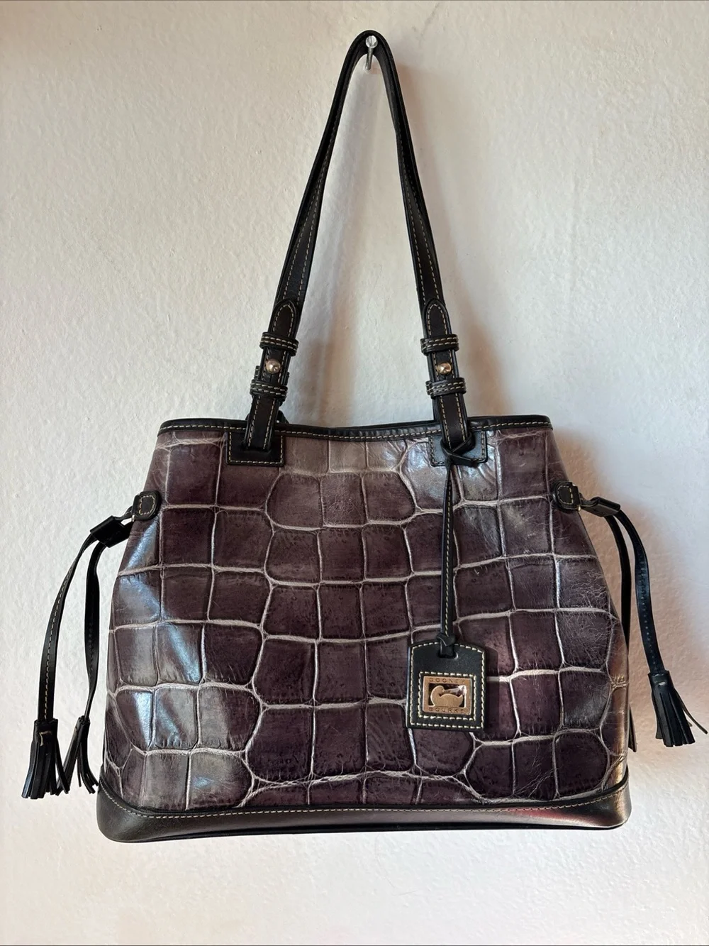 Dooney & Bourke Croc-Embossed Shoulder Tote - Deep Brown with Black Trim